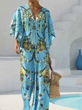 Vintage Jewelry Print  Turquoise & Gold Printed Jumpsuit NWT Cruise Summer Vaca